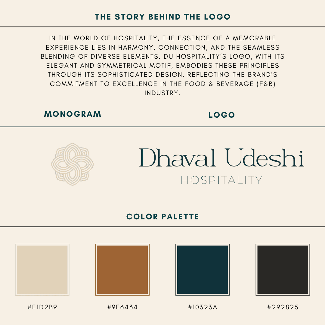 Dhaval Udeshi Hospitality — brand identity system: monogram, logotype, and colour palette